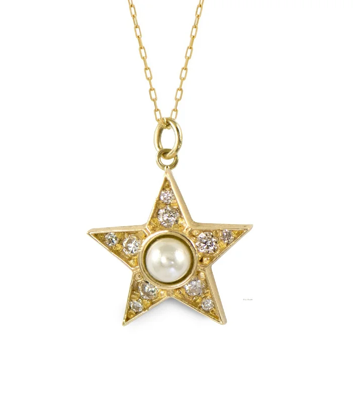 boho pearl charm bracelet Pearly Diamond Star 14K Gold Necklace w. Diamond & Pearl