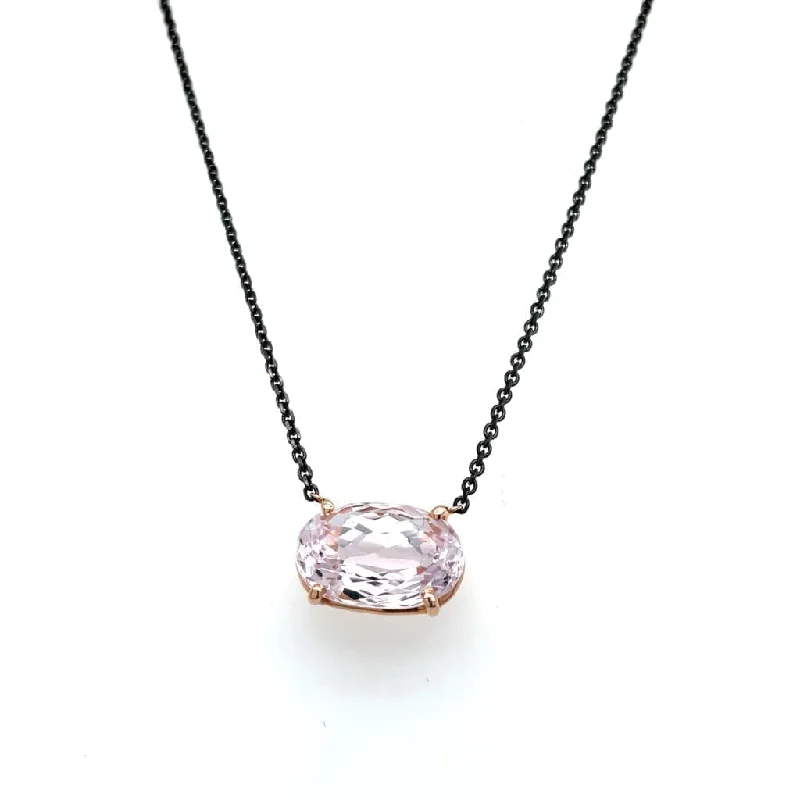 Beautiful Morganite Set in 14k Rose Gold Pendant With a Black Steel Chain at Regard Jewelry in