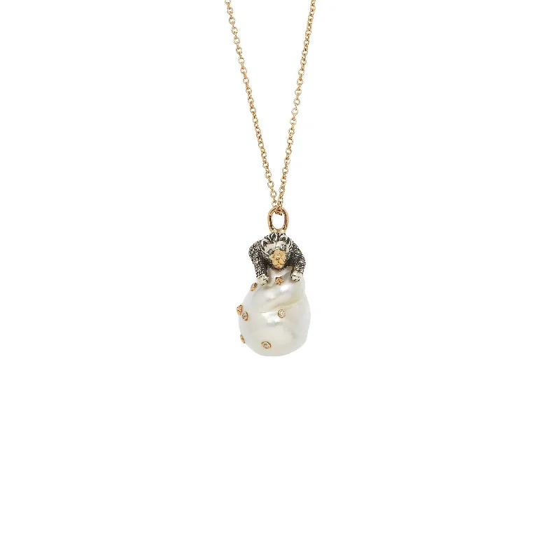 amethyst healing crystal necklace Lion On Pearl Silver & Gold Necklace w. Pearl