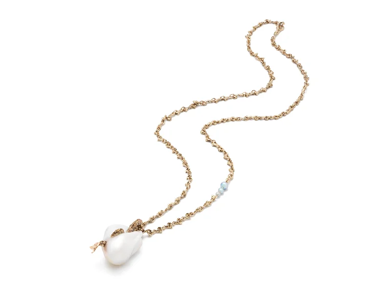 vintage-style floral brooch Mermaid Pearl Pendant on Waves 18K White Gold & Rose Gold Necklace