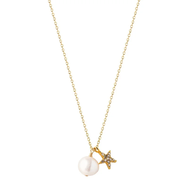 waterproof beach anklet stainless steel Pearl & Star Gold Plated Necklace w. Pearl & Diamond
