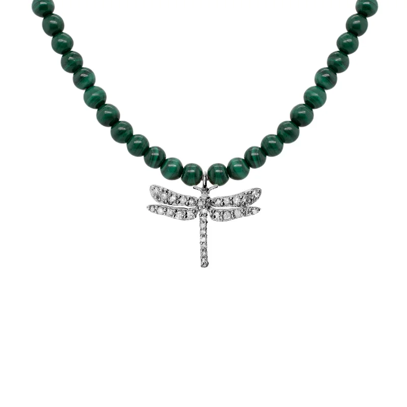 classic wedding set with diamonds Dragonfly Oxidized Silver Necklace w. Malachite & Diamond