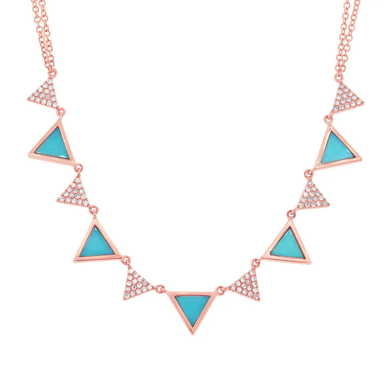 14K Rose Gold Diamond and Composite Turquoise Triangle Necklace