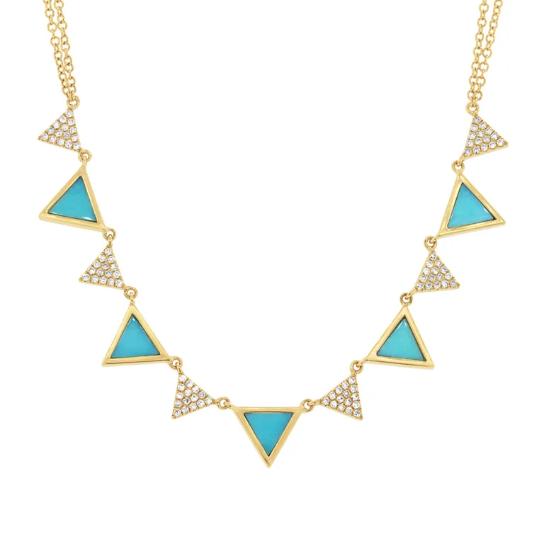 14K Yellow Gold Diamond and Composite Turquoise Triangle Necklace