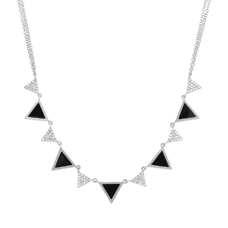 14K White Gold Diamond and Onyx Triangle Necklace