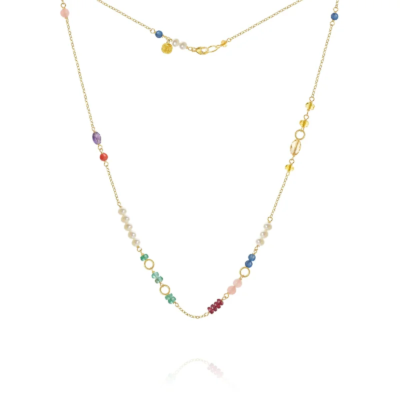 layered pearl choker necklace Piccolo Bloom 18K Gold Necklace, 43 cm w. Emerald, Ruby, Quartz, Kyanite, Pearl, Citrin, Coral & Amethyst