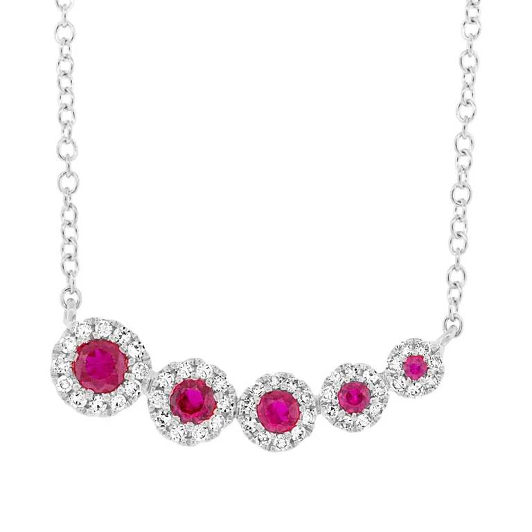 14K White Gold Diamond and Ruby Halo Necklace