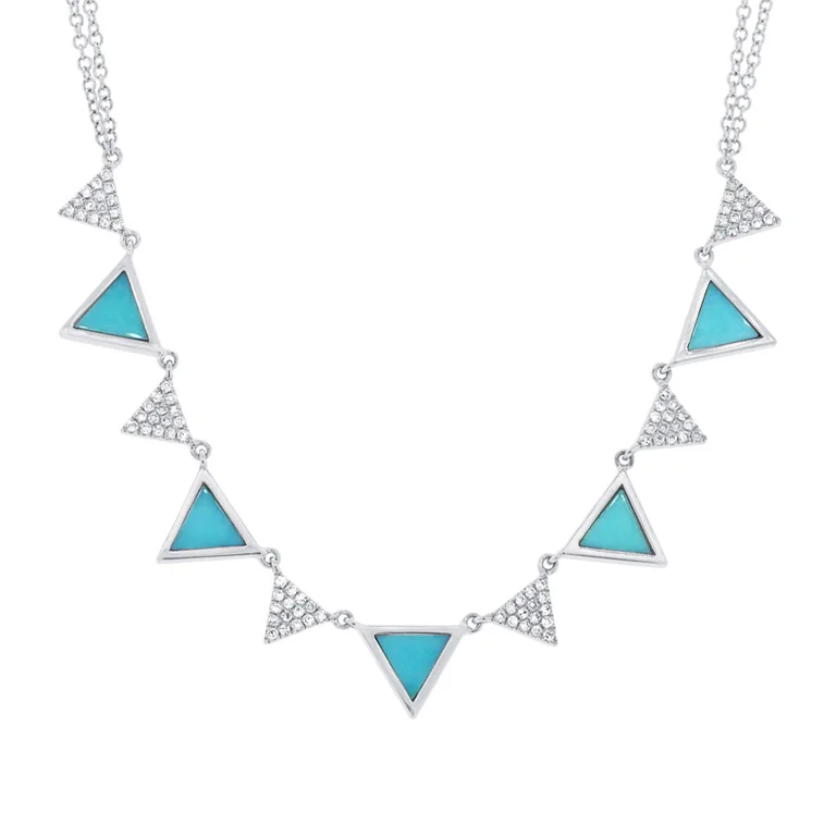 14K White Gold Diamond and Composite Turquoise Triangle Necklace