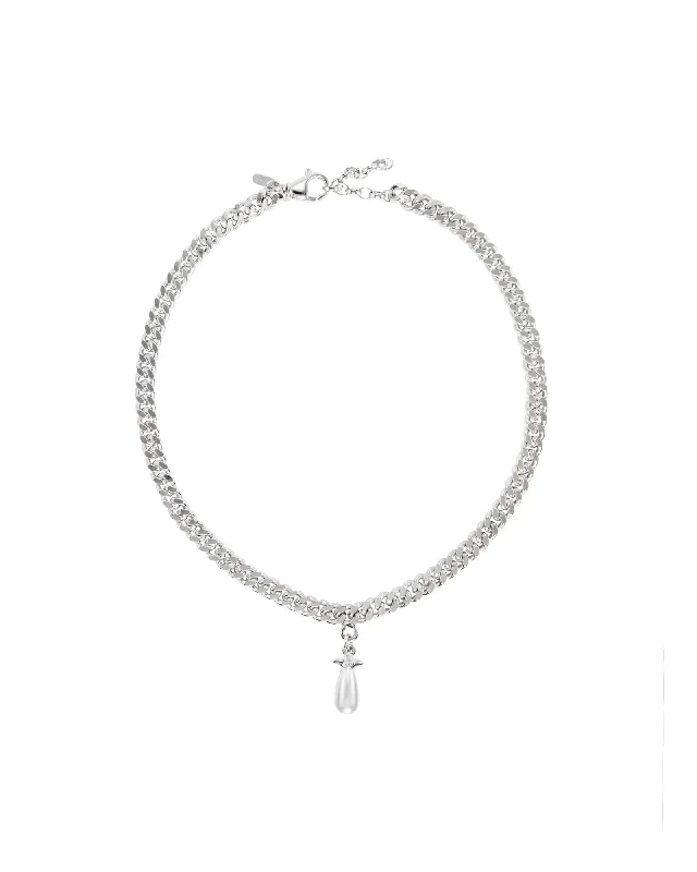 bold Cuban link bracelet men Chunky Chain Drop Silver Necklace w. Glass Pearl