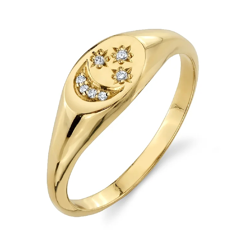 Moon & Star Diamond Signet Ring