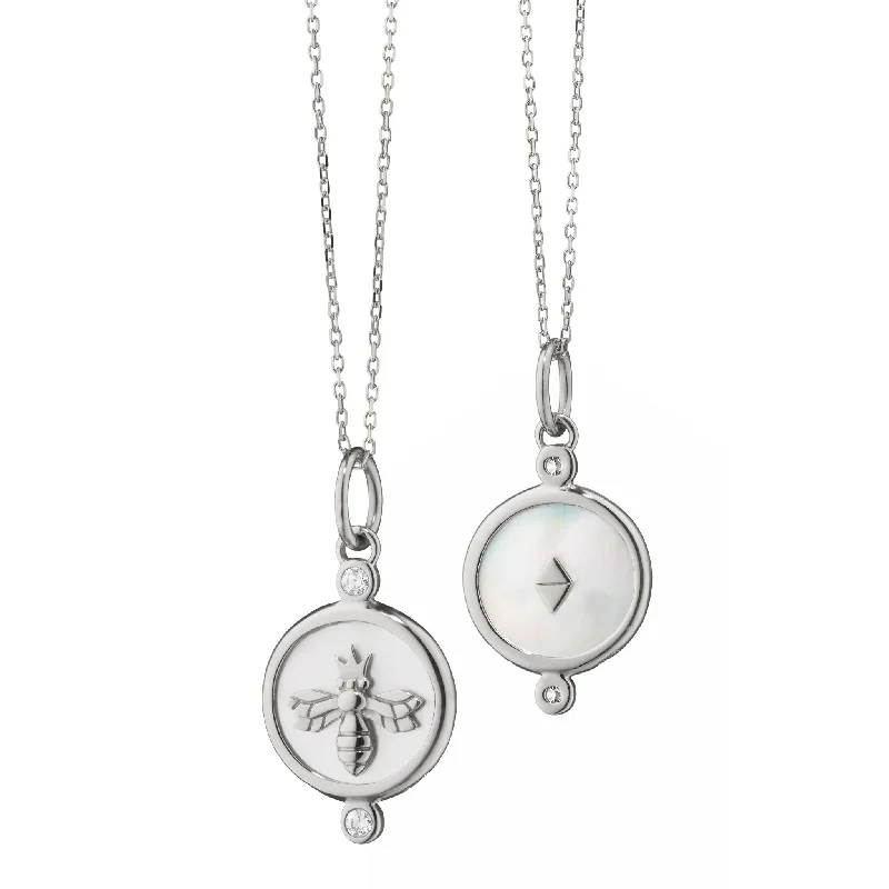 sterling silver herringbone chain MOTHER OF PEARL "QUEEN BEE" STERLING SILVER CHARM NECKLACE
