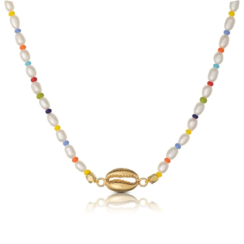 vintage diamond pendant necklace Cowrie 18K Gold Plated Necklace w. Pearls