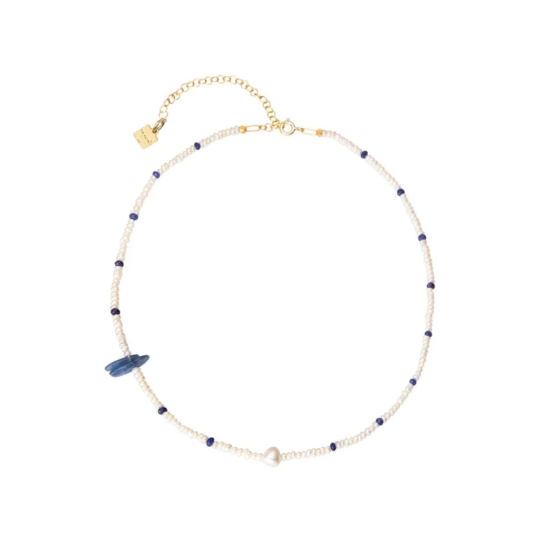 classic tennis bracelet white gold Stella 18K Gold Plated Necklace w. Pearls & Kyanite