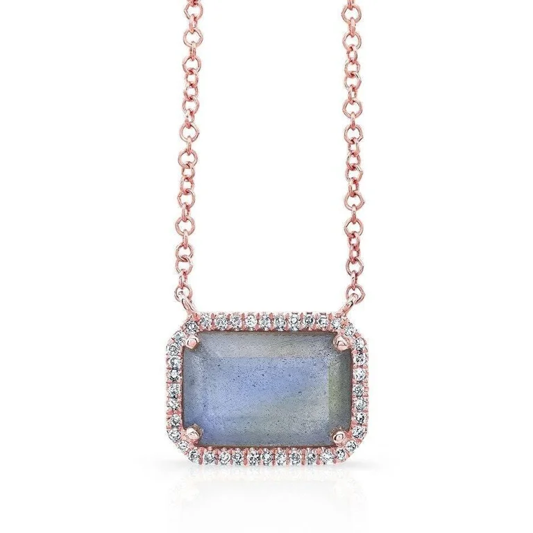 14K Rose Gold Rectangle Labradorite Diamond Necklace