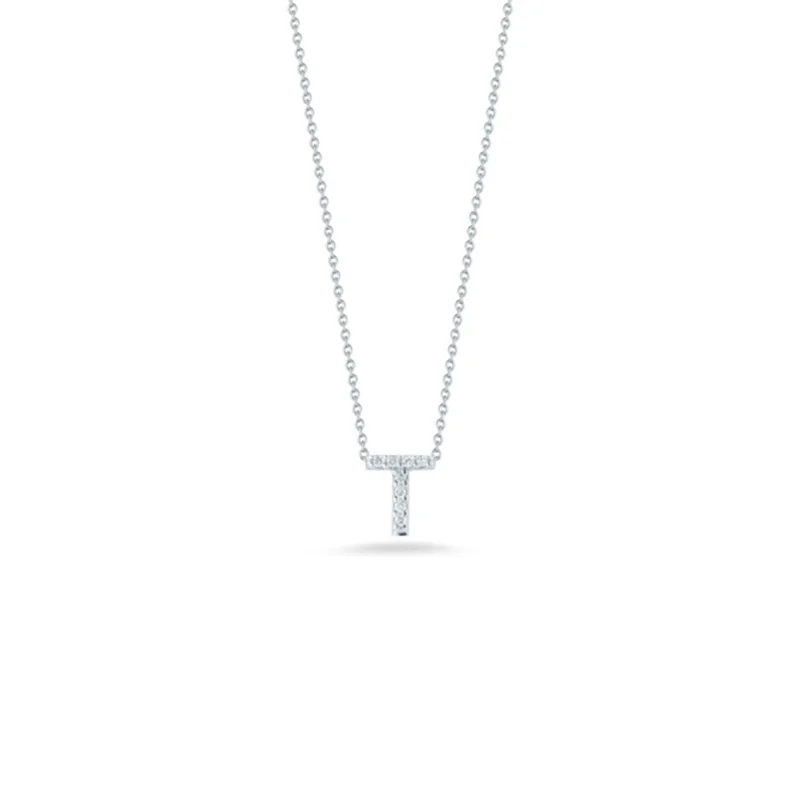 moissanite engagement ring affordable 18K White Gold Tiny Treasures Diamond Love Letter “t” Necklace