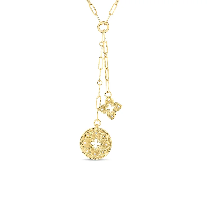 vintage locket necklace gold 18K Y VENETIAN PRINCESS DOUBLE MEDALLION- LG ROUND 25 MM; SMALL FLOWER 20 MM- CHAIN 15″ WITH 2″ & 3″ DROP