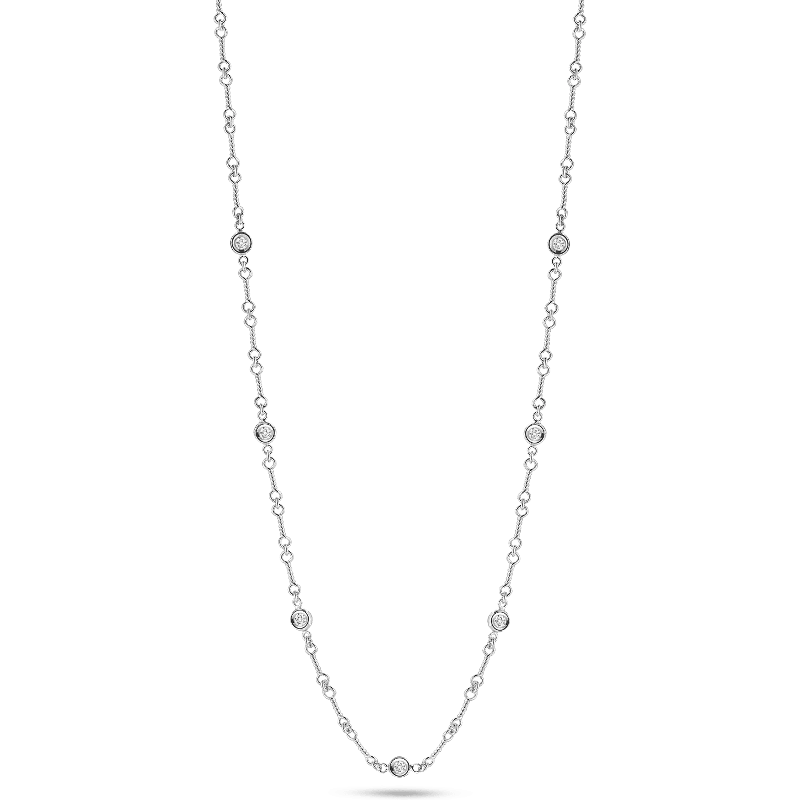 rose gold bezel ring 18K Gold 7 Station Diamond Necklalce On Dog Bone Link Chain