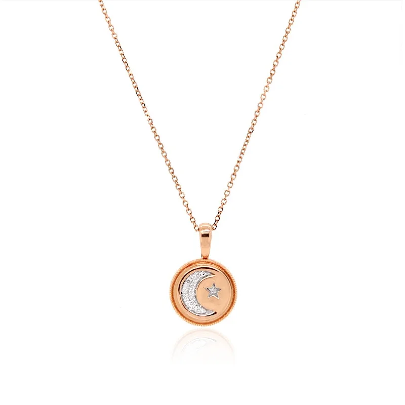 gothic black onyx ring men ROSE GOLD CIRCLE PENDANT WITH MOON DESIGN OF DIAMONDS, .05 CT TW
