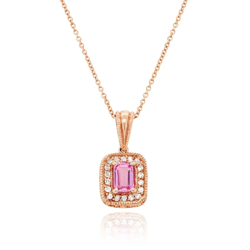 handmade coin pendant necklace ROSE GOLD NECKLACE PENDANT WITH EMERALD CUT PINK SAPPHIRE CENTER AND DIAMOND HALO, .13 CT TW