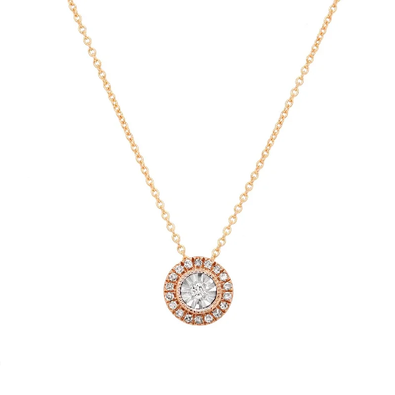 silver-plated bar necklace ROSE GOLD PENDANT NECKLACE WITH DIAMOND HALO, .06 CT TW