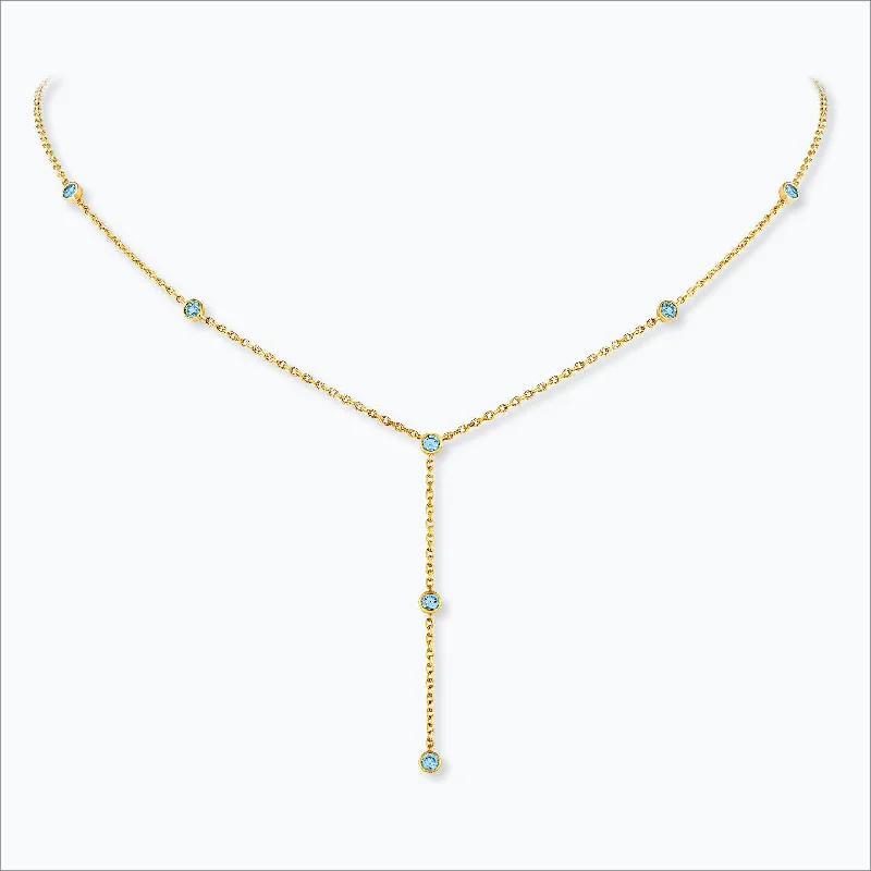 classic cubic zirconia pendant 7 Stone 18K Gold Necklace w. Aquamarine