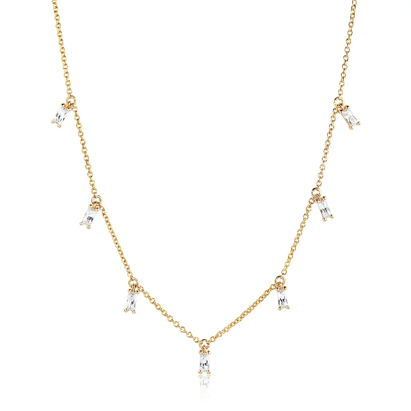 geometric diamond earrings gold Princess Baquette Gold Plated Necklace w. White Zirconias