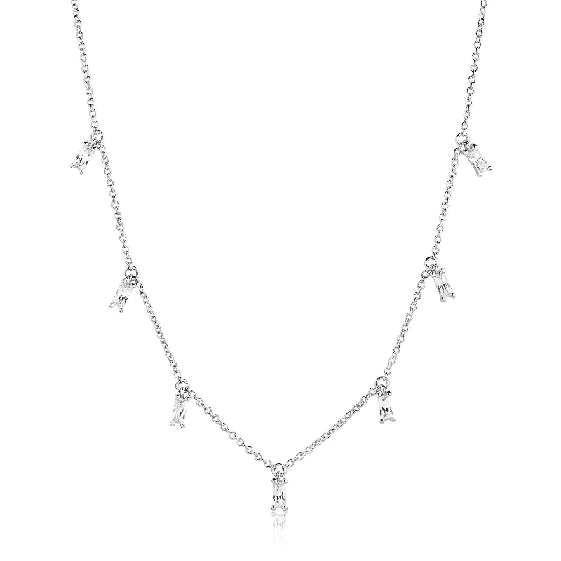 classic pearl choker necklace Princess Baquette Silver Necklace w. White Zirconias