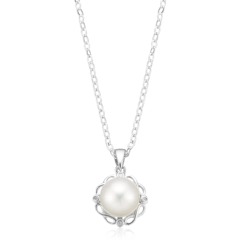 personalized ring with name Sterling Silver Round 8-9mm Freshwater Pearl & Diamond Set Pendant