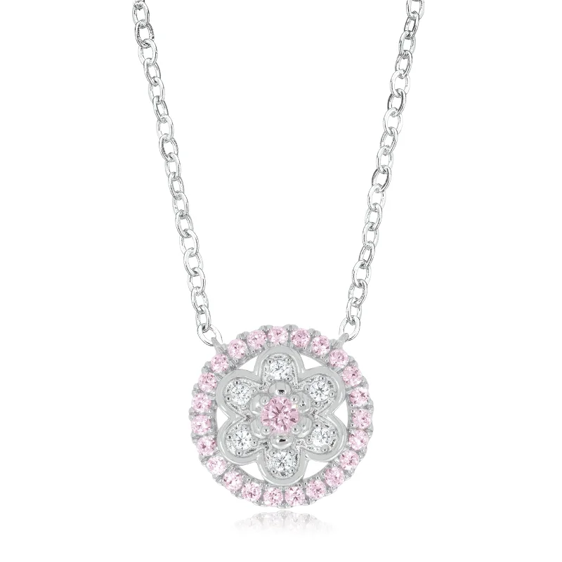 minimalist disc pendant necklace Sterling Silver Round Pink & White Cubic Zirconia Flower Pendant