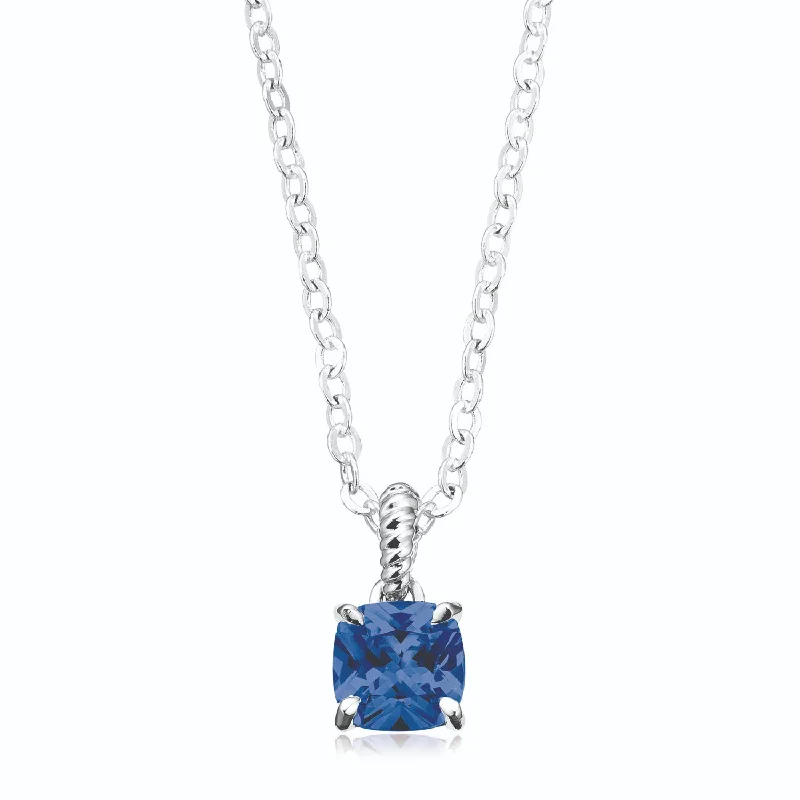 vintage diamond pendant necklace Sterling Silver with Cushion Cut  6x6mm Blue Cubic Zirconia Pendant