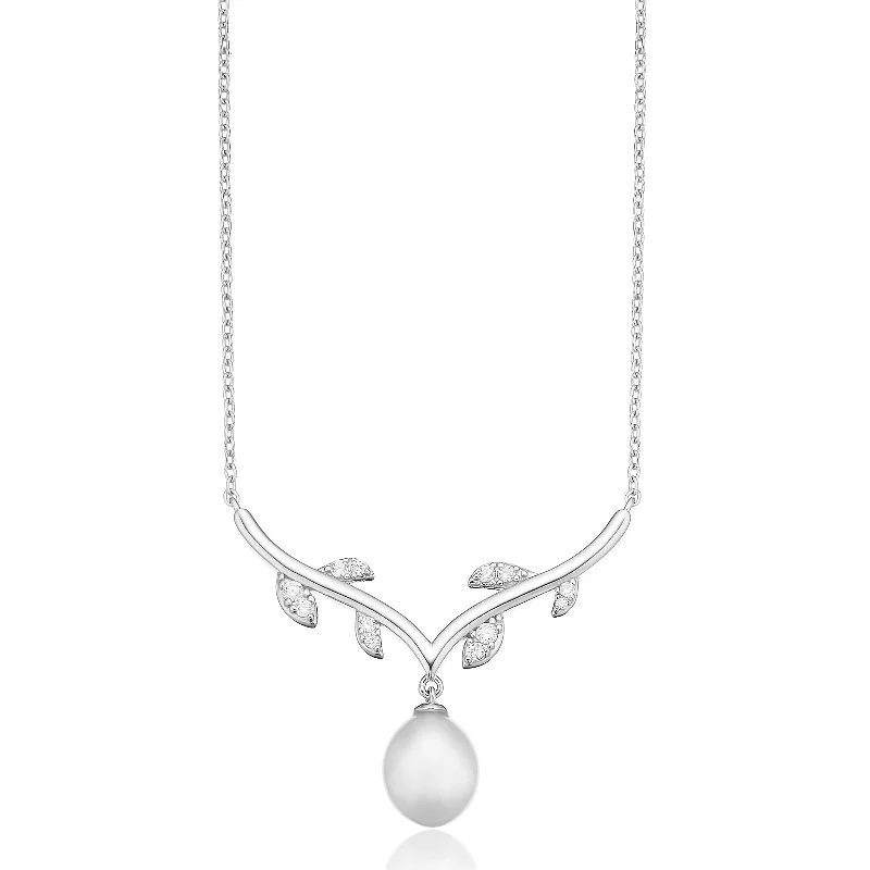 natural crystal pendant necklace Sterling Silver with Drop 8-8.5mm Fresh Water Pearl & Cubic Zirconia Necklace