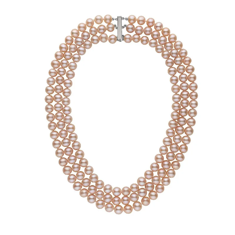 unique silver branch ring Triple Strand 8.5-9.0 mm AAA Pink to Peach Freshwater Pearl Necklace