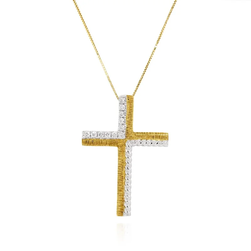 elegant art deco necklace TWO-TONE GOLD CROSS CHARM NECKLACE WITH 11 ROUND DIAMONDS, .17 CT TW