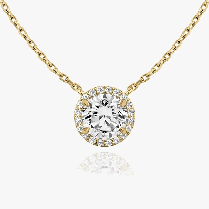 minimalist disc pendant necklace Brilliant Round Halo 14K Gold Necklace w. Lab-Grown Diamonds