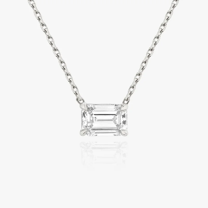 delicate floral wedding band Solitaire Emerald 14K Whitegold Necklace w. Lab-Grown Diamond