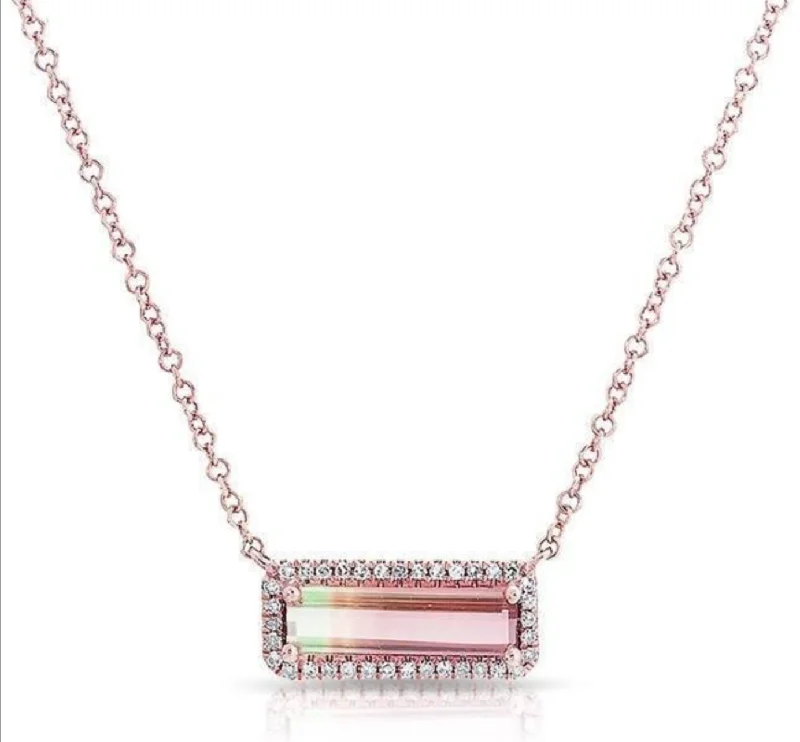 14K Rose Gold Watermelon Tourmaline Bar Necklace