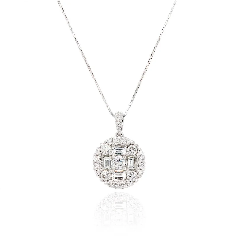celestial moon and star bracelet WHITE GOLD DIAMOND CLUSTER PENDANT NECKLACE WITH BAGUETTE AND ROUND DIAMONDS, 1.18 CT TW