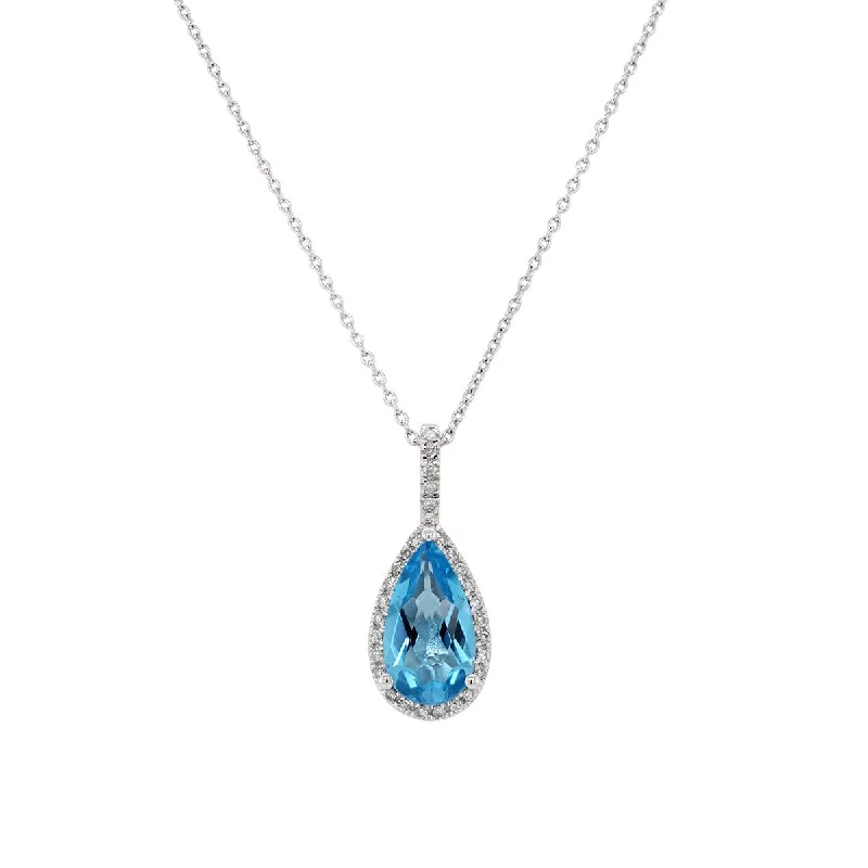 unique tribal silver ring WHITE GOLD NECKLACE WITH PEAR SHAPED BLUE TOPAZ AND DIAMOND HALO PENDANT, .08 CT TW