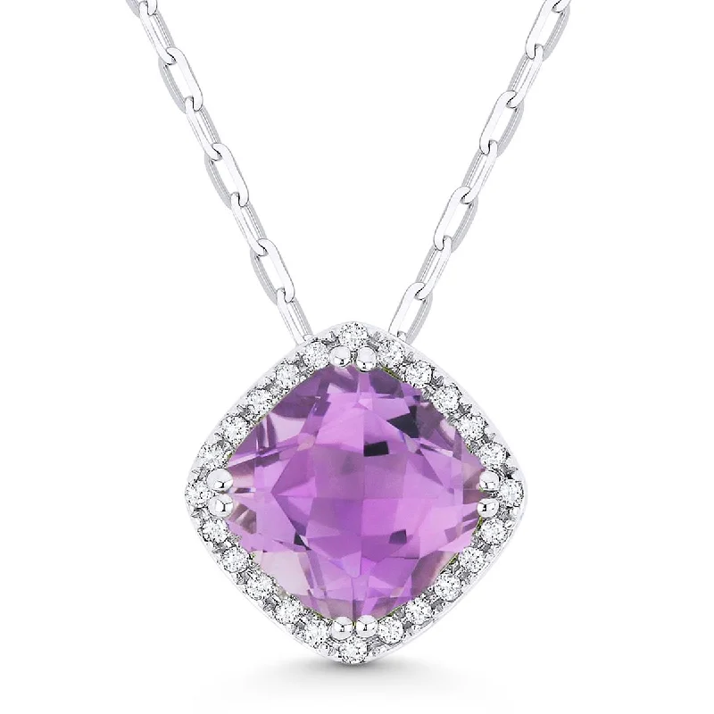 adjustable gemstone choker WHITE GOLD PENDANT NECKLACE WITH CUSHION CUT AMETHYST, .07 CT TW