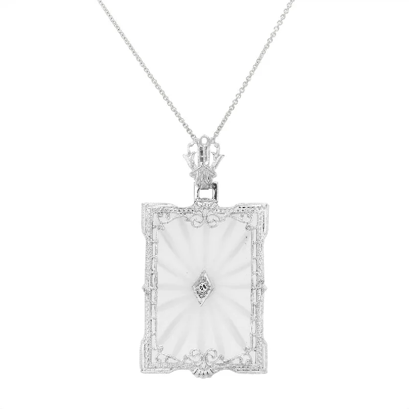 personalized couple’s bracelet engraved WHITE GOLD VINTAGE STYLE NECKLACE WITH CAMPHOR GLASS AND A DIAMOND, .02 CT TW