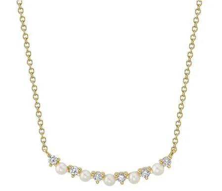 14K Yellow Diamond & Cultured Pearl Curved Bar Necklace