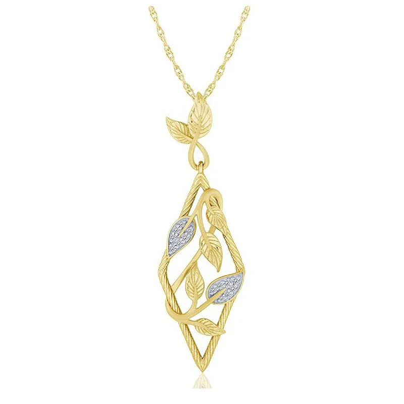 minimalist stacking rings set YELLOW GOLD DIAMOND PENDANT WITH LEAF DESIGNS, 1/10 CT TW