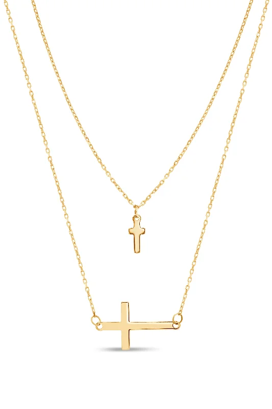 tiny diamond cross necklace Yellow Gold Double Cross Necklace