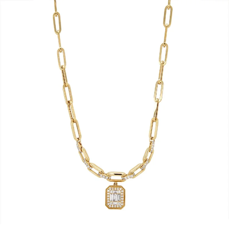 personalized initial ring stackable YELLOW GOLD NECKLACE WITH PAPERCLIP CHAIN AND DIAMOND CLUSTER PENDANT, .50 CT TW
