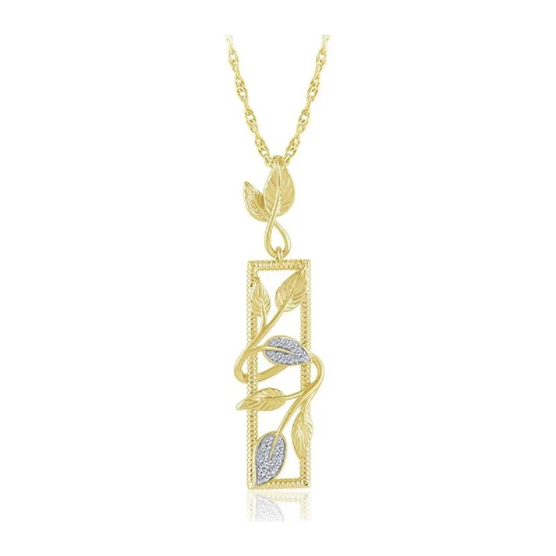 thin gold wedding band women YELLOW GOLD RECTANGLE PENDANT WITH LEAVES AND DIAMONDS, 1/8 CT TW