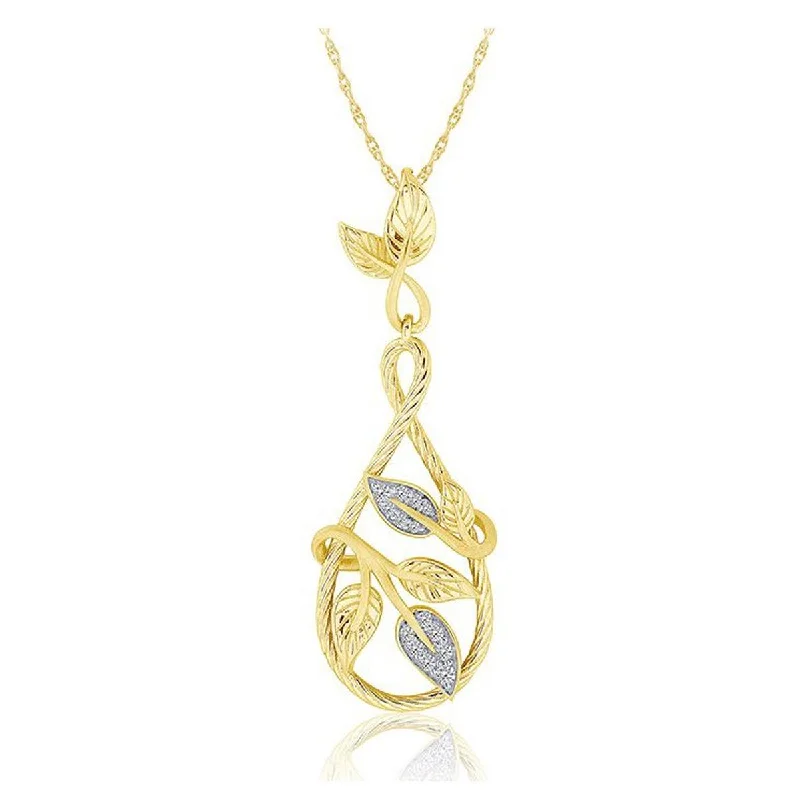 vintage locket necklace gold YELLOW GOLD TEAR SHAPED PENDANT WITH LEAVES AND DIAMONDS, 1/8 CT TW